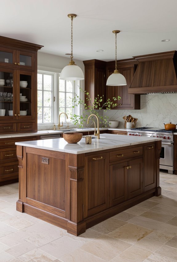 ornate brown island with corbels