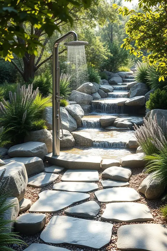 outdoor shower stone pathway