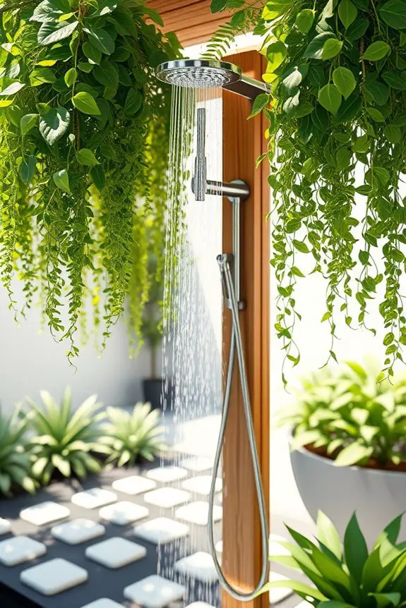 outdoor shower with greenery