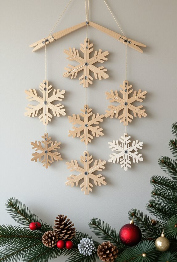 painted wooden clothespin snowflakes