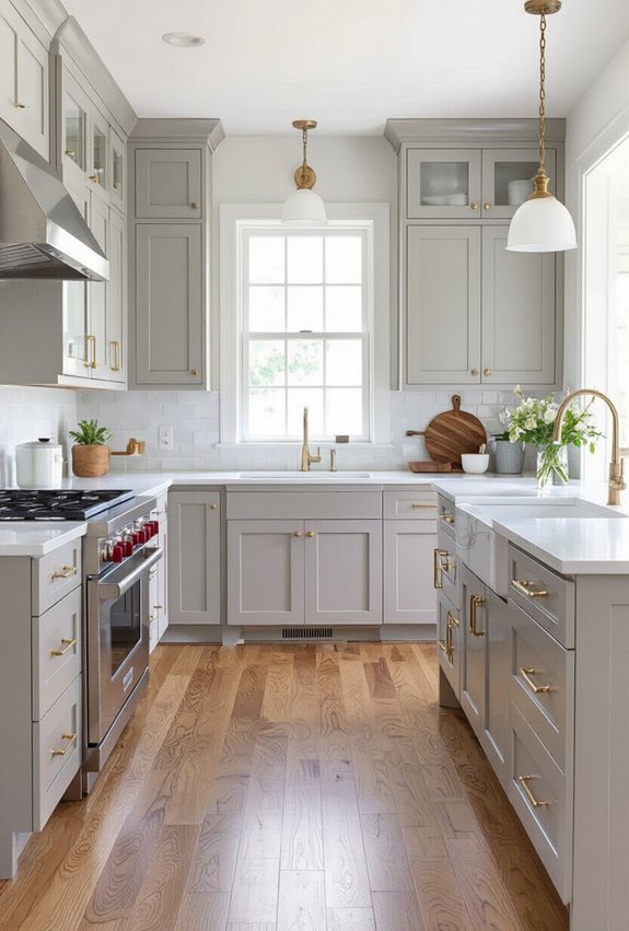 pale gray cabinets walnut floors