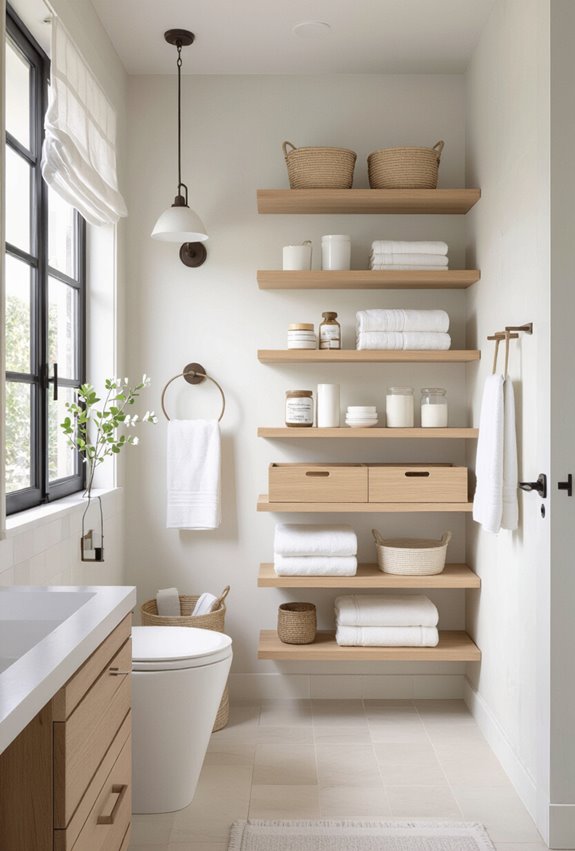 parisian open shelf bathroom styling