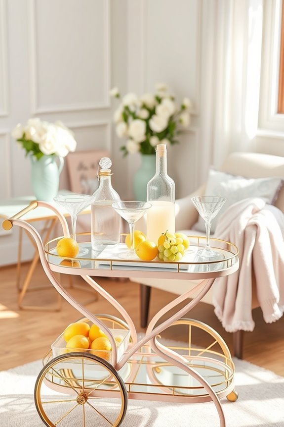 pastel themed bar cart styling