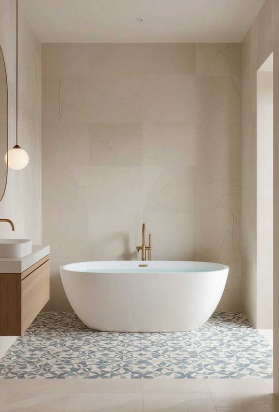 patterned porcelain tiles mimic rugs
