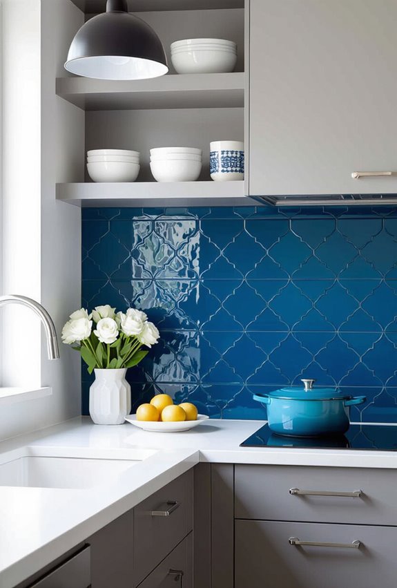 patterned tile backsplash with colorful grout