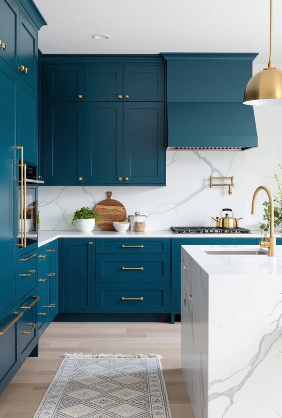 peacock blue cabinets brass