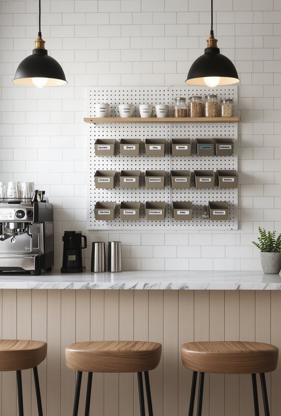 pegboard with labeled bins