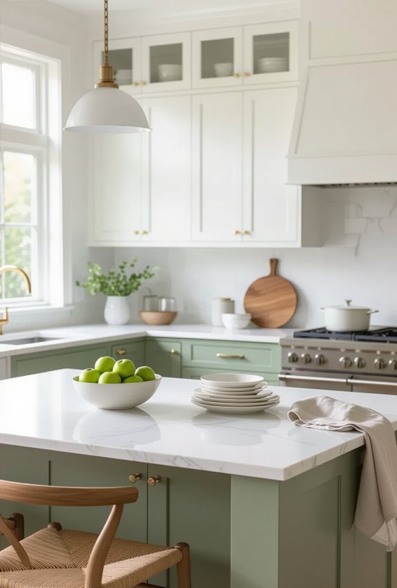 pistachio cabinets with marble