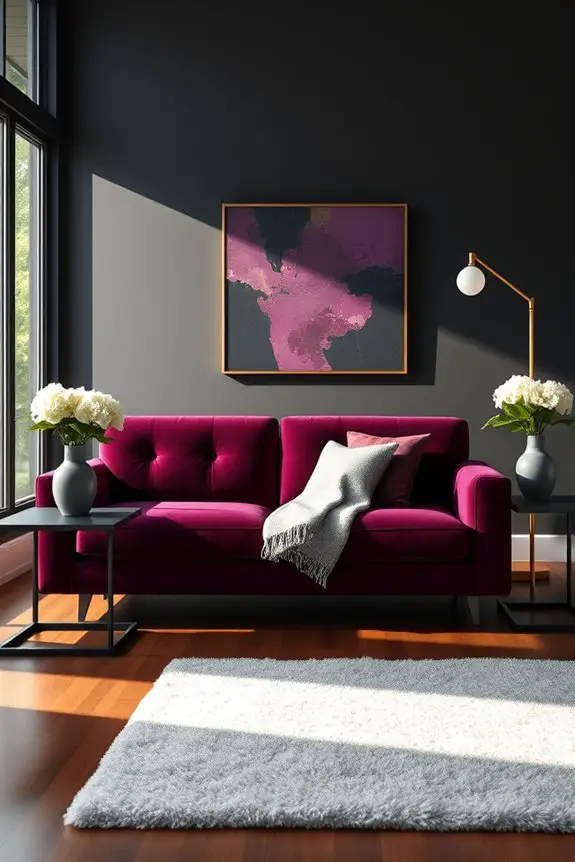 plum accents enhance living room