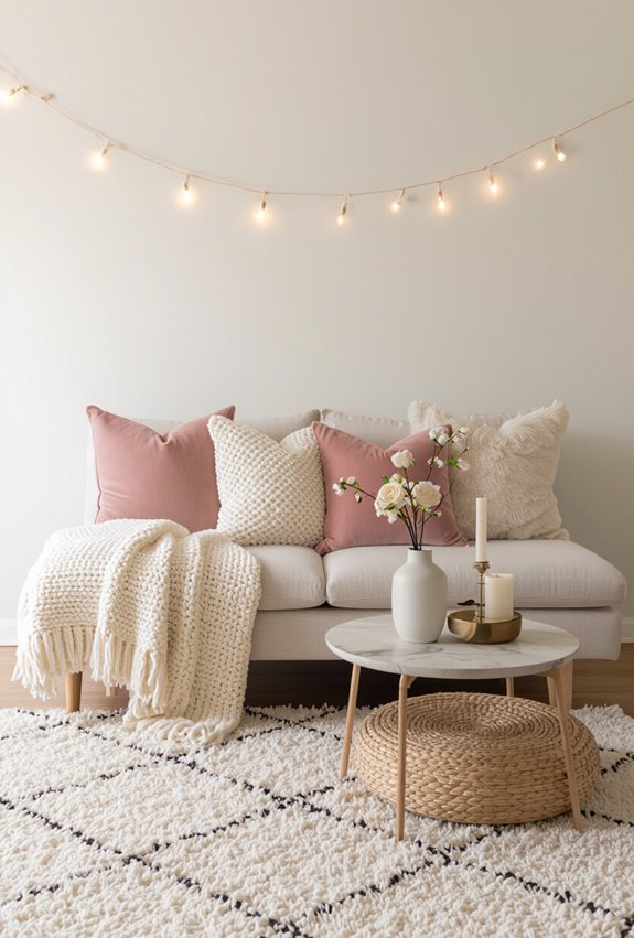 plush pillows layered rugs