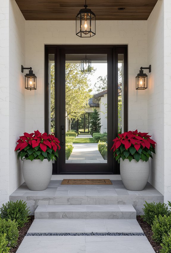 poinsettia flanked seasonal walkway planters