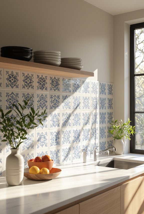 porcelain asian motif backsplash