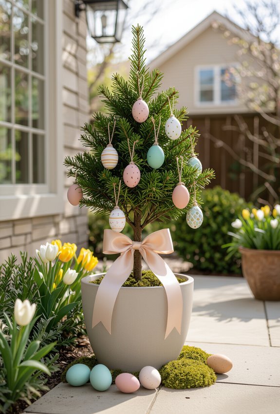 potted tree decorated with eggs