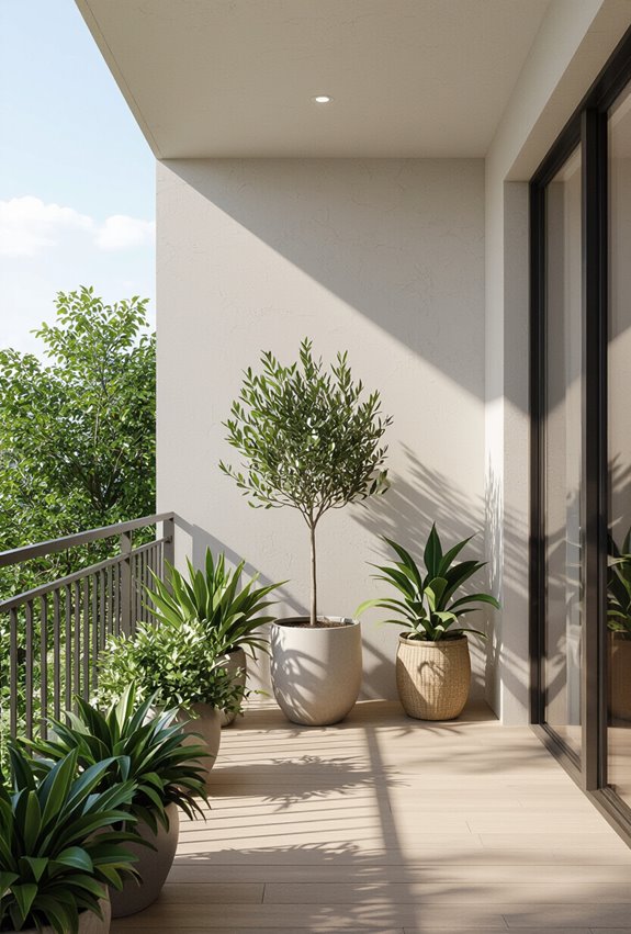 potted trees create shaded lounge