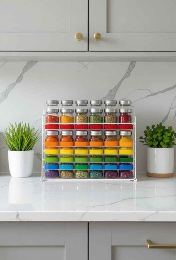 rainbow organized labeled spice display
