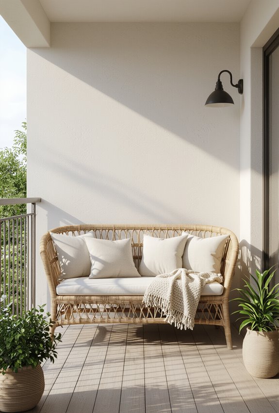 rattan loveseat with throws