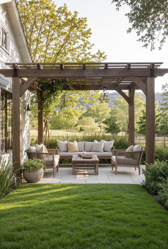 reclaimed beam pergola seating