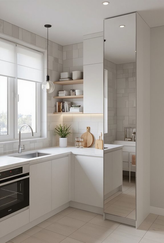 reflective surfaces enlarge kitchen space