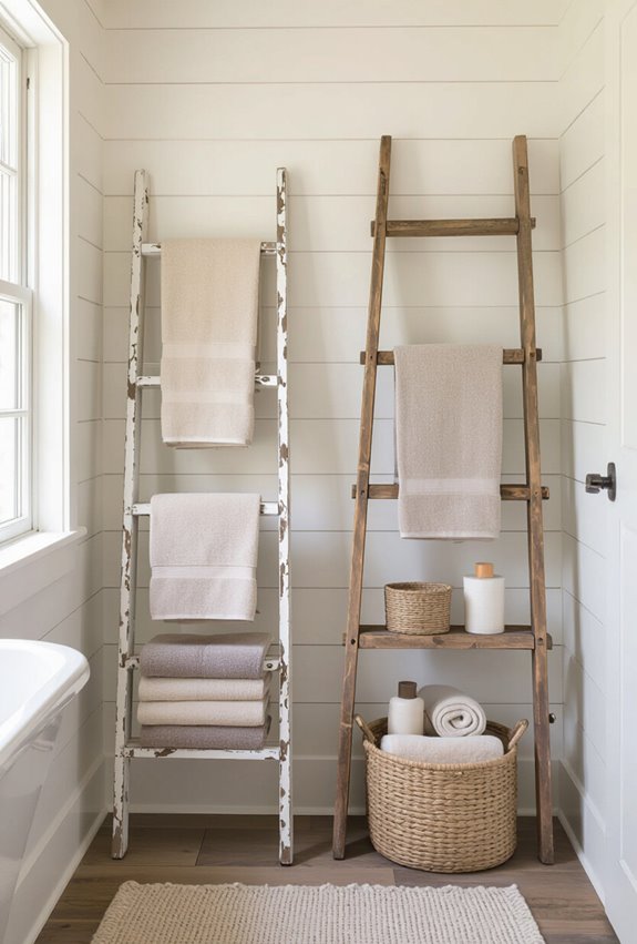 repurposed ladder towel rack