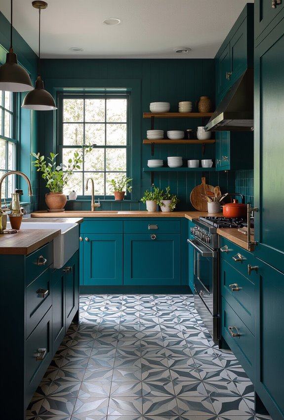 retro teal cabinets encaustic floors