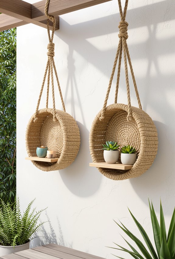 rope wrapped hanging outdoor shelves
