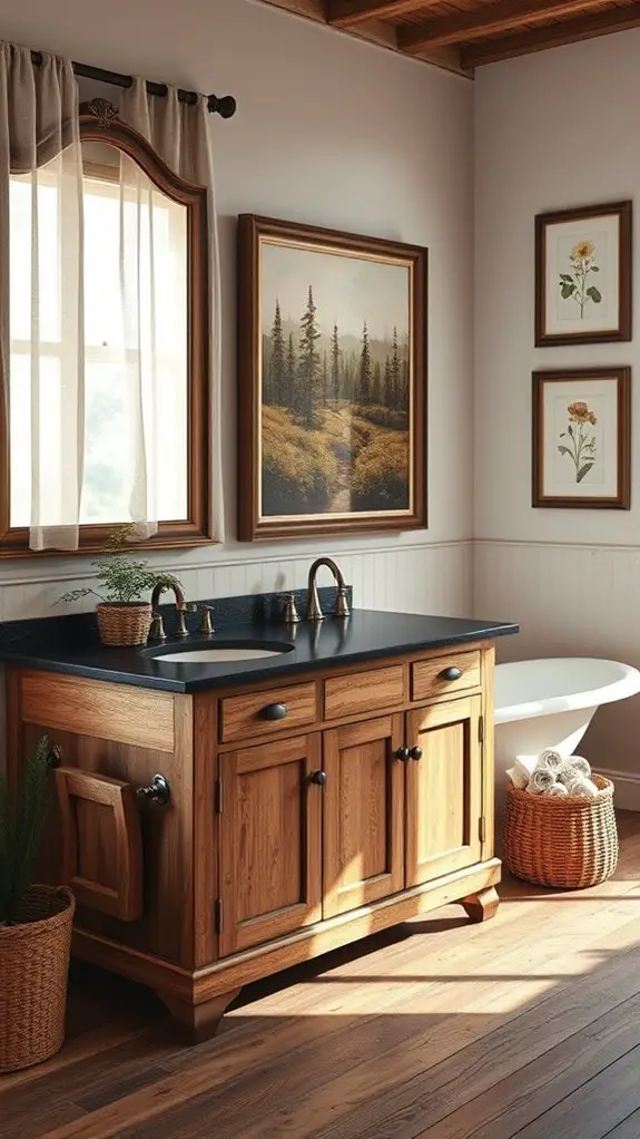 rustic artwork enhances bathrooms