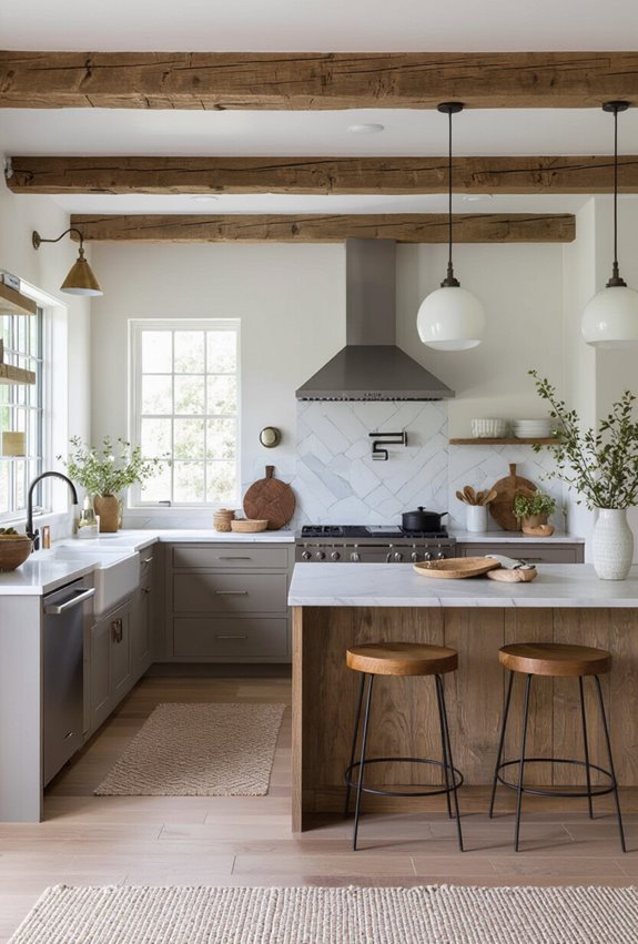 rustic beams modern gray cabinetry