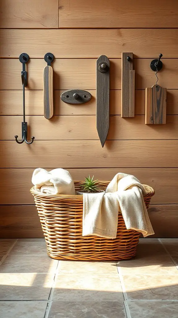 rustic hooks enhance bathroom charm