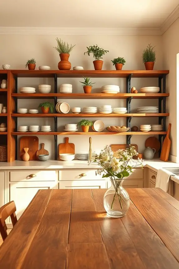 rustic shelving enhances kitchen warmth