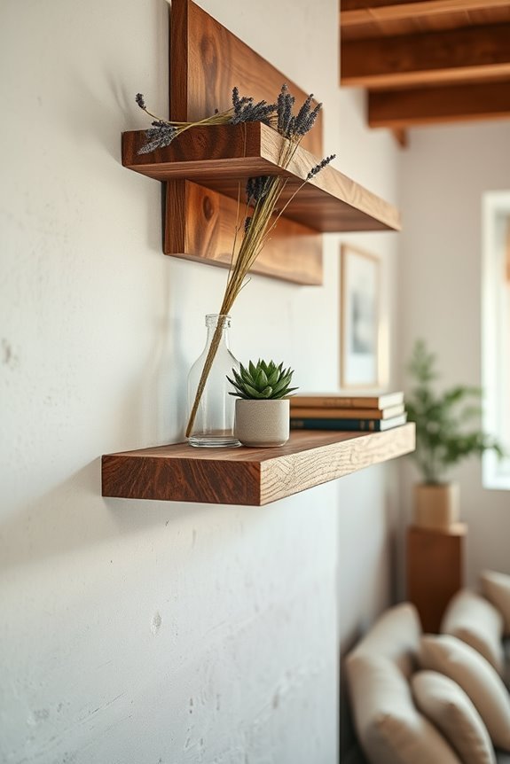 rustic wooden shelves enhance decor