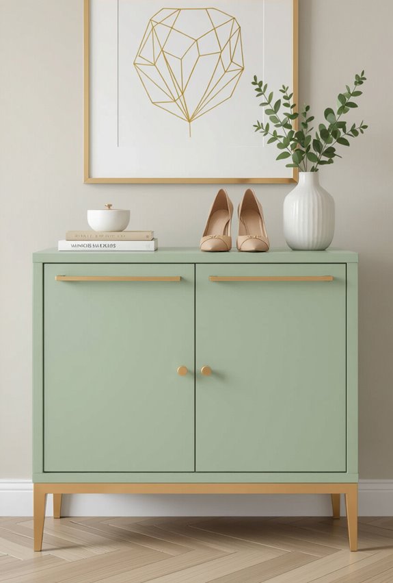 sage cabinet with gold trim
