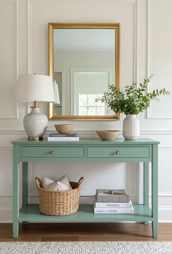 seafoam console with gold mirror