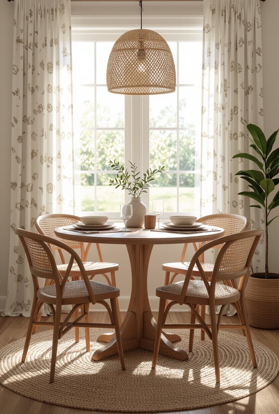 sheer patterned curtains framing windows