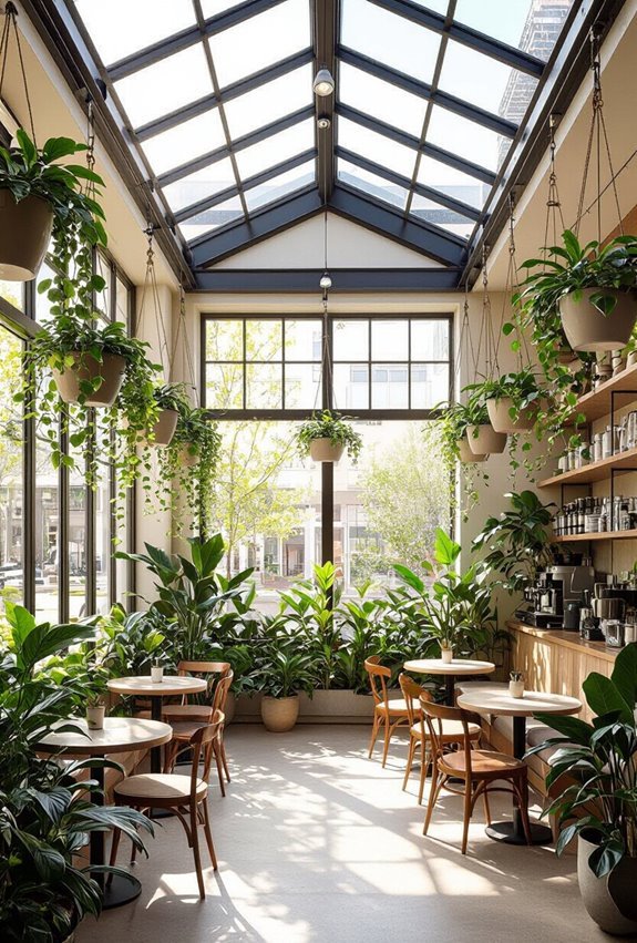 skylit atrium with planters