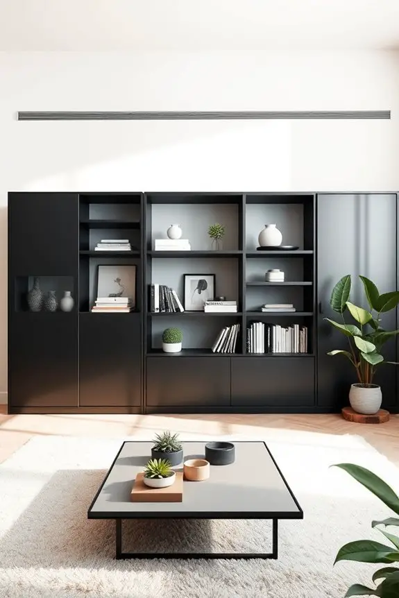 sleek black shelving units