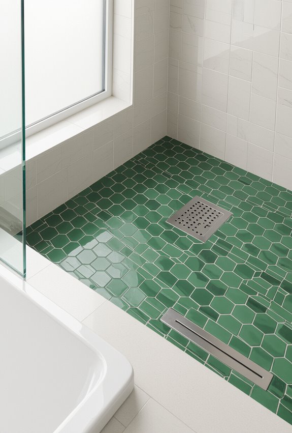 sleek green tiled linear drain