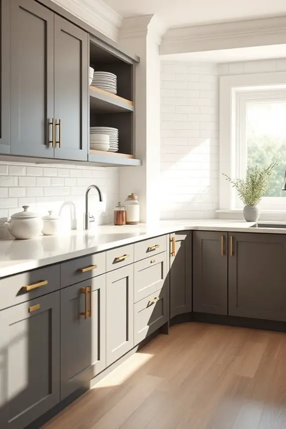 sleek grey cabinets cream countertops