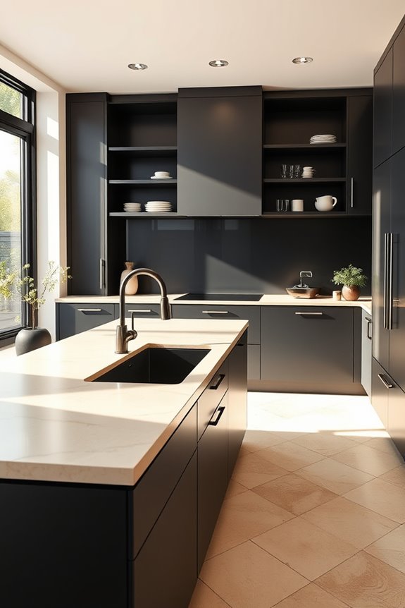 sleek minimalist black beige kitchen