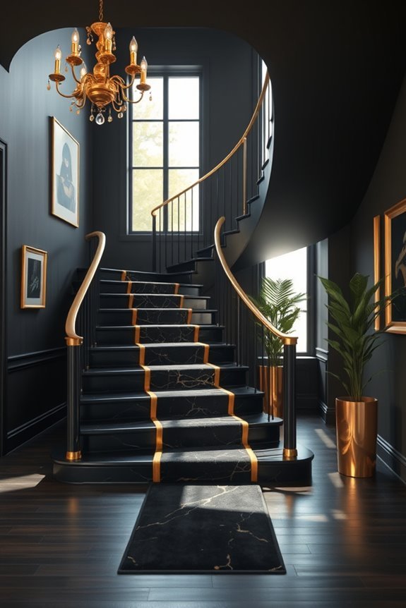 sophisticated black and gold staircase