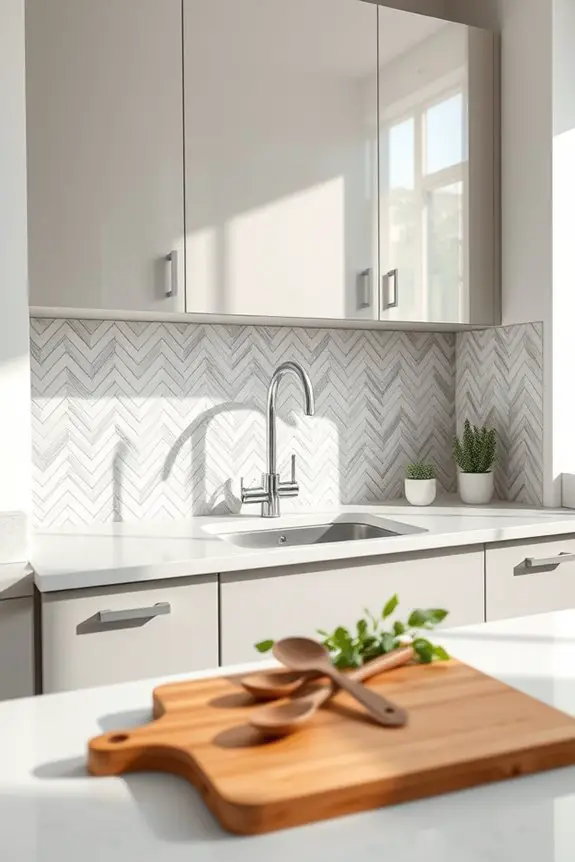 sophisticated marble herringbone backsplash