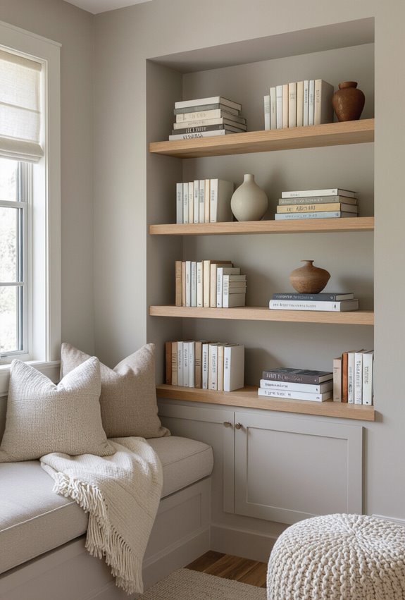 staggered floating shelves with lighting