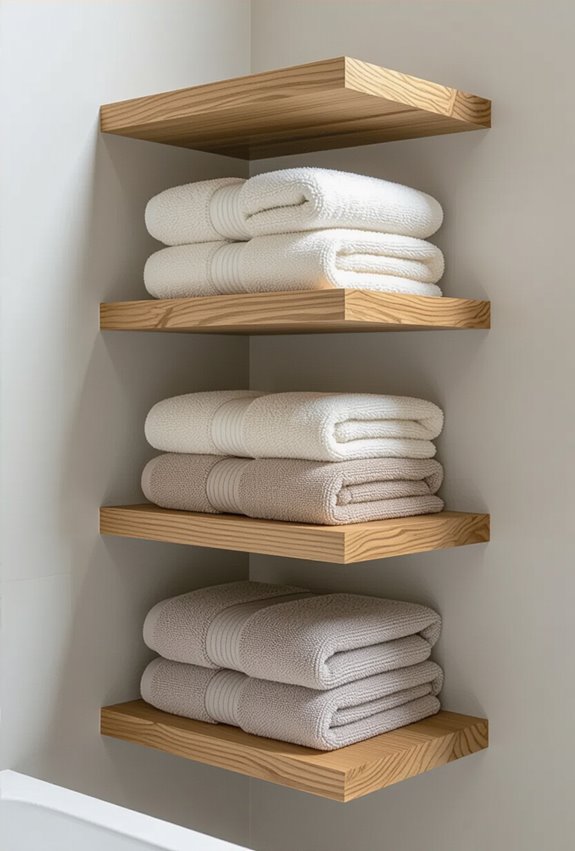 staggered floating towel shelves