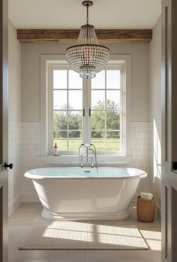 statement chandelier above tub