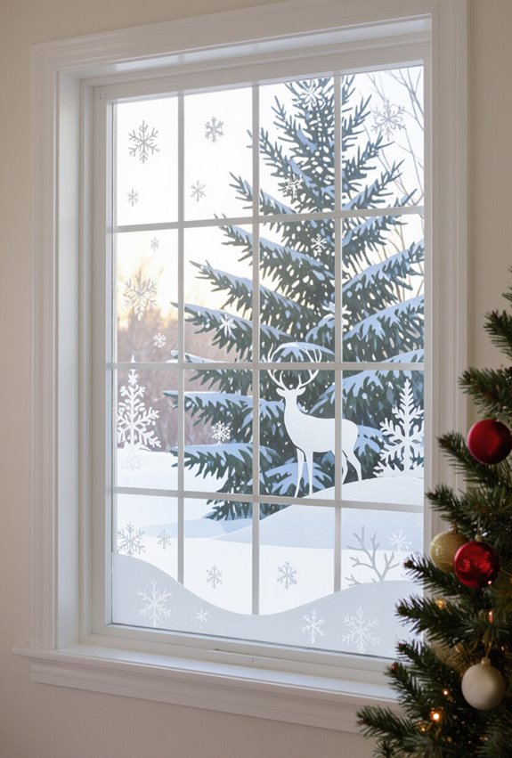 stenciled snowy window mural