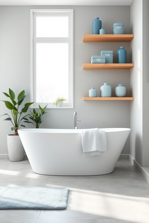 stylish blue grey bathroom organization