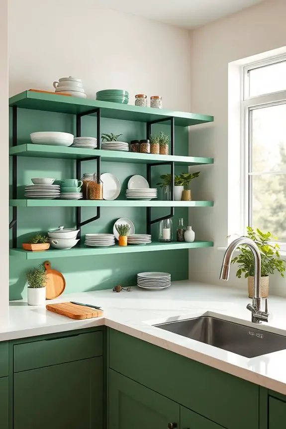 stylish green open shelving