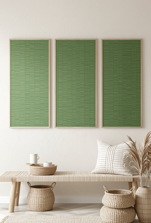 subtle green woven grasscloth panels