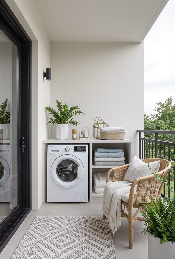 sunlit streamlined balcony laundry