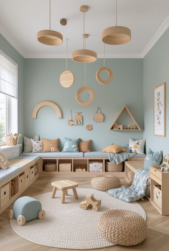 suspended natural wooden montessori mobiles