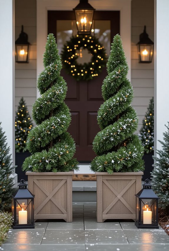 symmetrical topiaries with lanterns